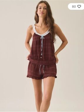 Dippin' Daisy's Brown Camisole & Shorts pyjama Set with White Lace